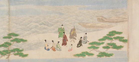 Illustration aus der Gründung des buddhistischen Tempels, Tsukiminedera, Muromachi-Periode, 1495 (Tinte, Farbe und Gold auf Papier)